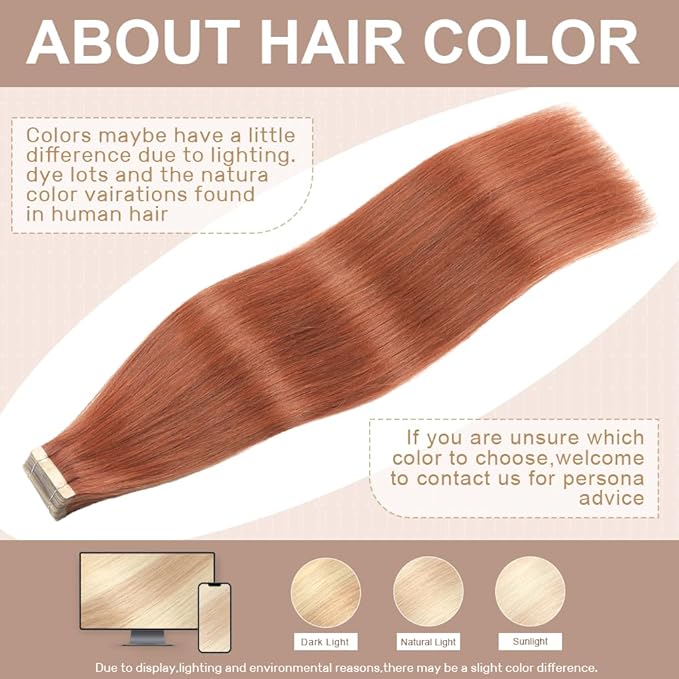 Tape in Hair Extensions Human Hair 16 Inch 20pcs Invisible Tape ins Hair Extensions Real Human Hair Dark Reddish Auburn Remy Seamless Injected Tape Extensions