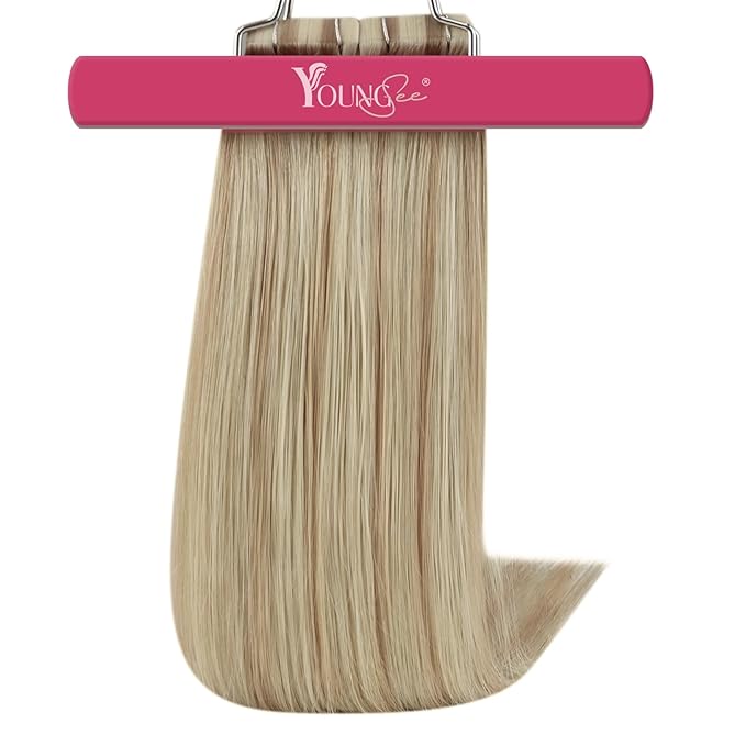 YoungSee Human Hair Tape in Extensions Blonde Highlight Tape Hair Extensions Light Blonde Highlights Strawberry Hair Extension Real Human Hair Tapes Invisible 16In 20pcs 50g Straight Hair