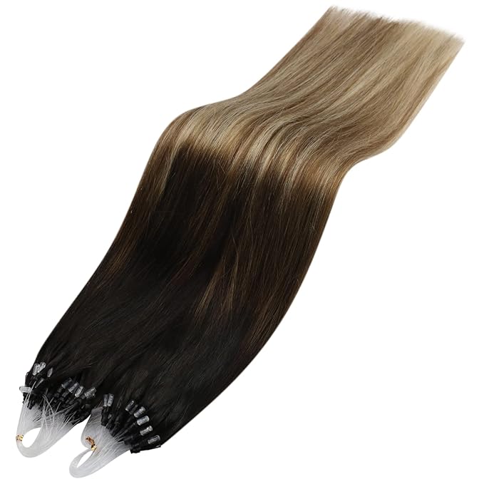 YoungSee Micro Bead Hair Extensions Real Human Hair Balayage Micro Loop Hair Extensions Ombre Dark Brown to Browns with Blonde Hair Extension Beaded Remy Hair Extension 50g 50s 18In Microring Hair