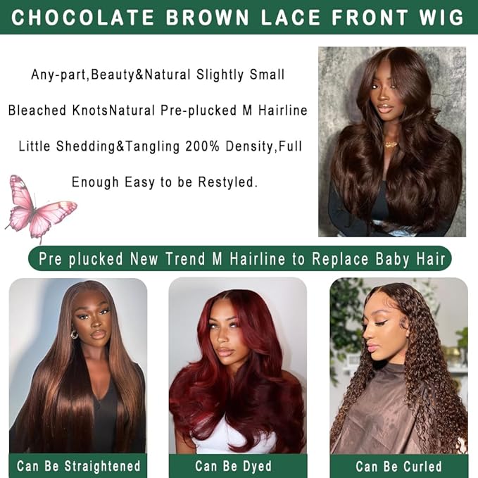 30 Inch Chocolate Brown Human Hair Wig 13x6 Body Wave Lace Front Wigs Human Hair Pre Plucked M Hairline 200 Density 13x6 HD Frontal Glueless Colored Brown Human Hair Wig for Women