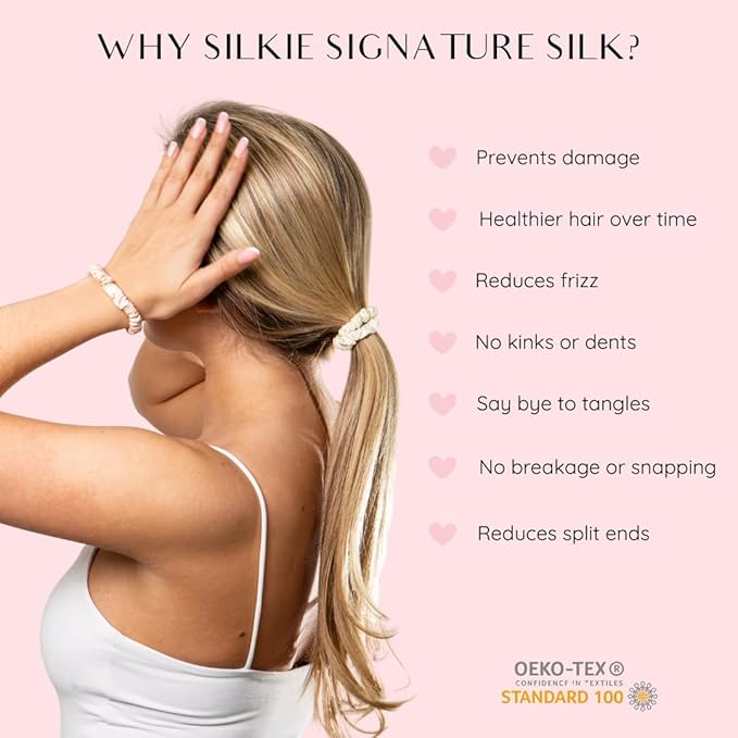 SILKIE x4 Set 100% Pure Mulberry Silk Brown Skinny Scrunchies Travel Pouch Everyday Hair Ties Elastics Hair Care Ponytail Holder No Damage (Praline)