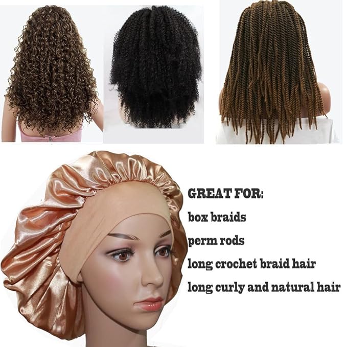 VEYRNEIC Hair Satin Bonnet for Sleeping Shower Caps Silk Chemo Caps with Wide Elastic Band Night Sleep Cap Bonnets for Black Women Braids with Satin Storage Bag (Gold)
