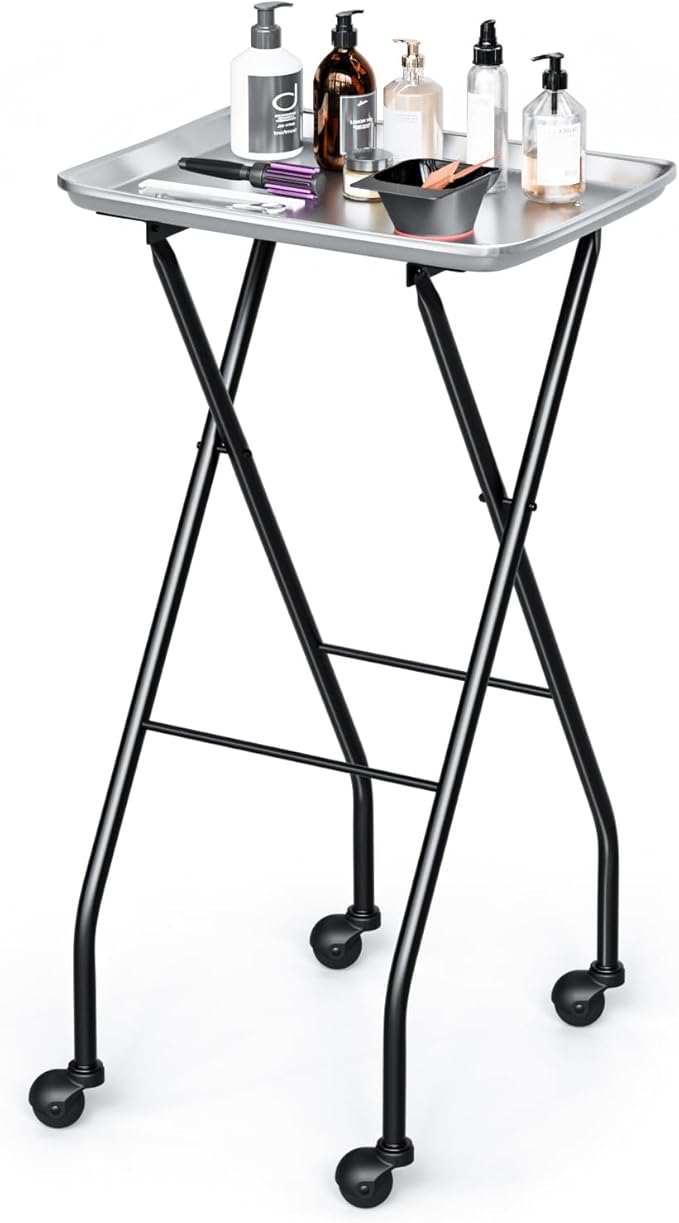 OmySalon Salon Tray on Wheels Folding Color Trays for Salon, Aluminium Tattoo Tray Rolling Trolley Cart Mobile Hair Cart for Cosmetology Stylist Hairdresser, Beauty Spa Service Storage Station