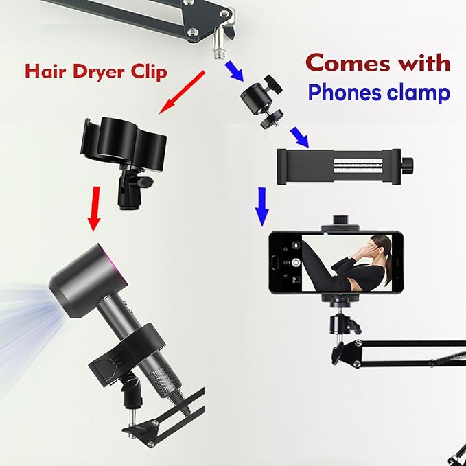 Hair Dryer Stand Holder 360 Rotate Hair Dryer Holder Stand Floor，Adjustable Hands Free Blow Dryer Floor Stand , Blow Dryer Stand Hands Free Clip Suitable for 99% Hair (Black)