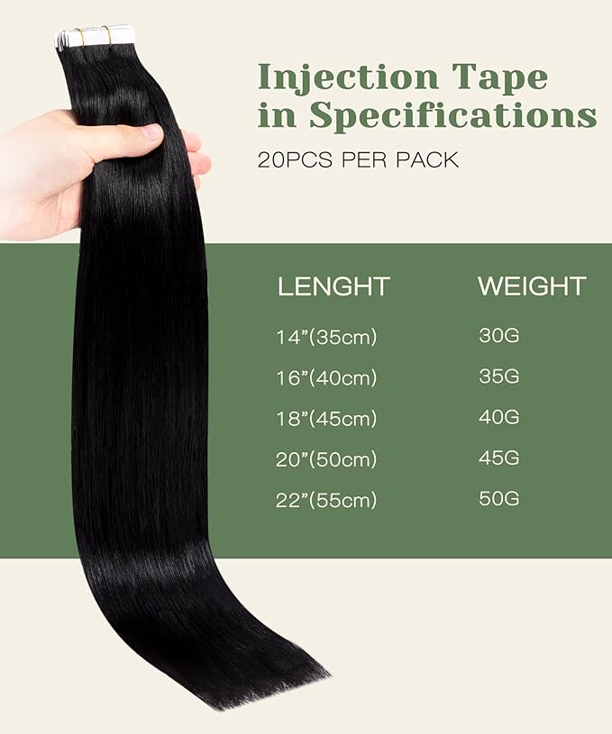 SURNEL Injected Tape in Hair Extensions Human 16inch Jet Black Upgraded Seamless Remy Invisible Tape in Extensions 20Pcs 35g(#1,16)