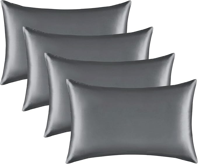 Satin Silk Pillowcase for Hair and Skin, Black Pillow Cases Standard Size Set of 4 Pack Super Soft Pillow Case with Zipper Closure (Gray, Queen(4 Pack))