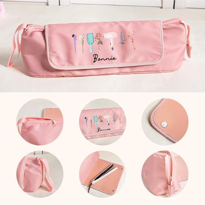 callie Custom Hair Tools Travel Bag, Personalized Portable Hair Accessories Organizer Case Storage Pouch with Heat Resistant Mat, Birth Flower Gifts for Women Men, 18" x 4.7" × 5.9"