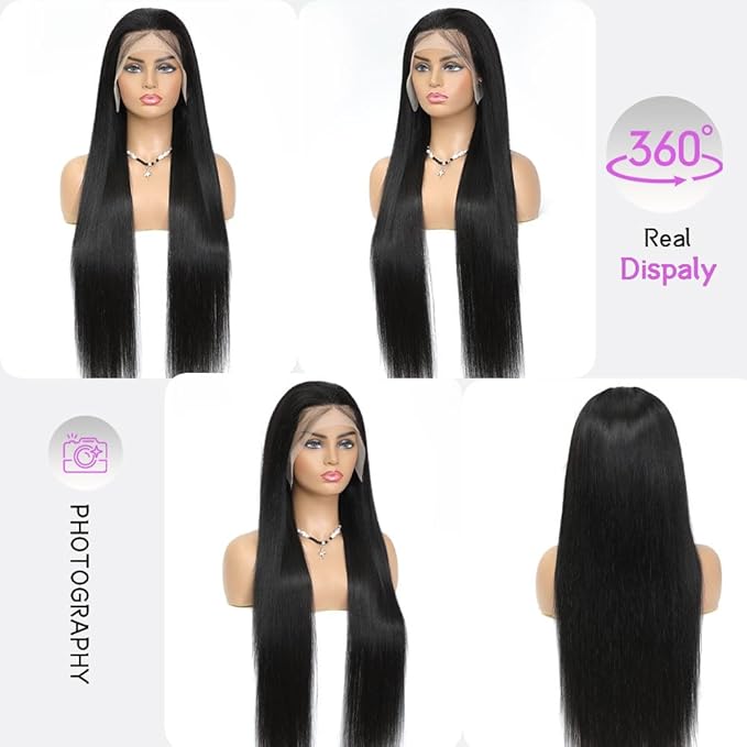 34 Inch Straight Wigs Human Hair 13x6 Real Virgin Human Wig 200 Density HD Lace Frontal Wigs Human Hair Pre Plucked Can Last 6-9 Months Tangle-Free Natural Black for Women