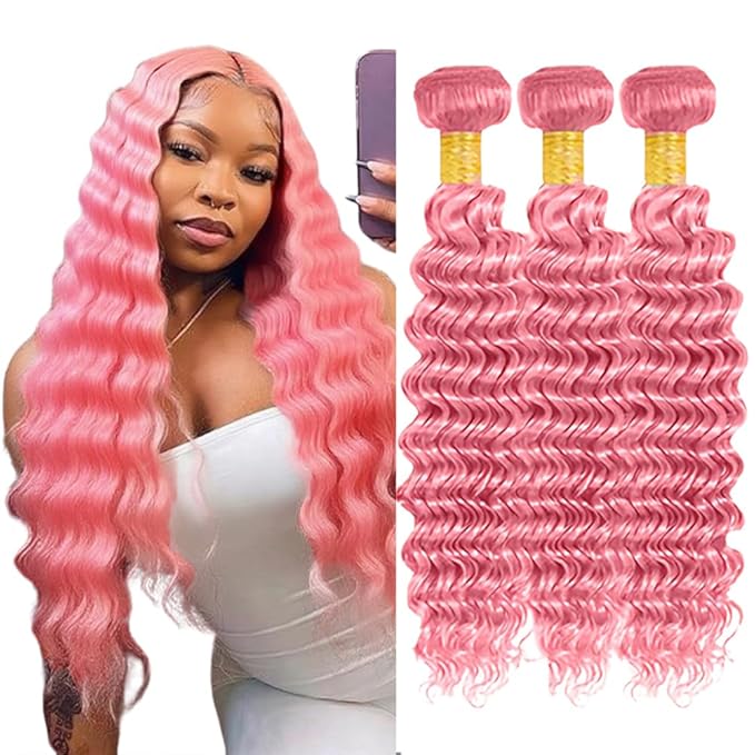 28 30 32 Inch Pink Deep Wave Bundles Human Hair Light Pink Bundles 8A Peruvian Virgin Remy Hair Extensions Double Weft Real Pure Pink Hair Weave