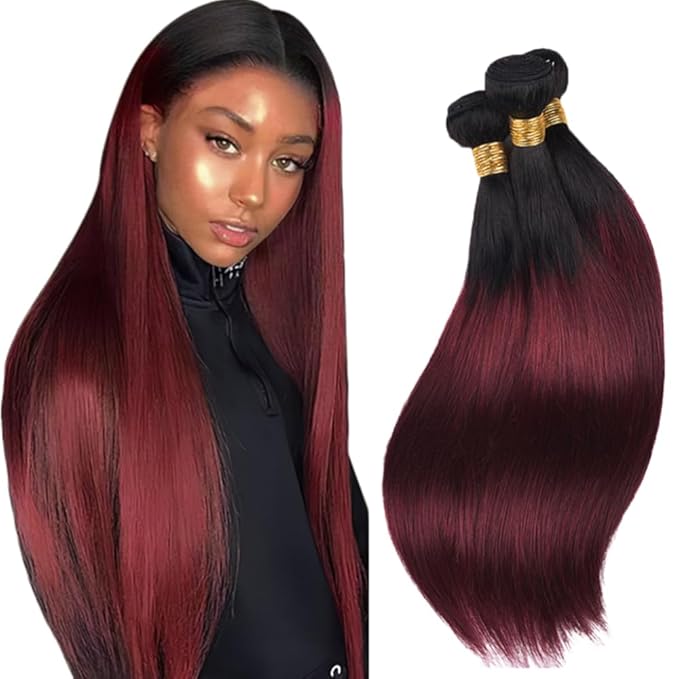 99j Bundles Human Hair Ombre Red Straight Bundle Niegmeag Brazilian Virgin Remy Hair 3 Bundles 22 24 26 Inch Double Weft 2 Tone Black and Burgundy Straight Bundle Hair Weave