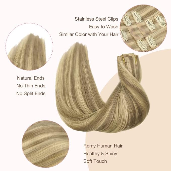 GOO GOO Clip in Hair Extensions Real Human Hair, Remy Human Hair Extensions Clip ins for Women, Natural Human Hair, 20inch 110g 7Pcs, 16/22 Light Blonde Highlighted Golden Blonde