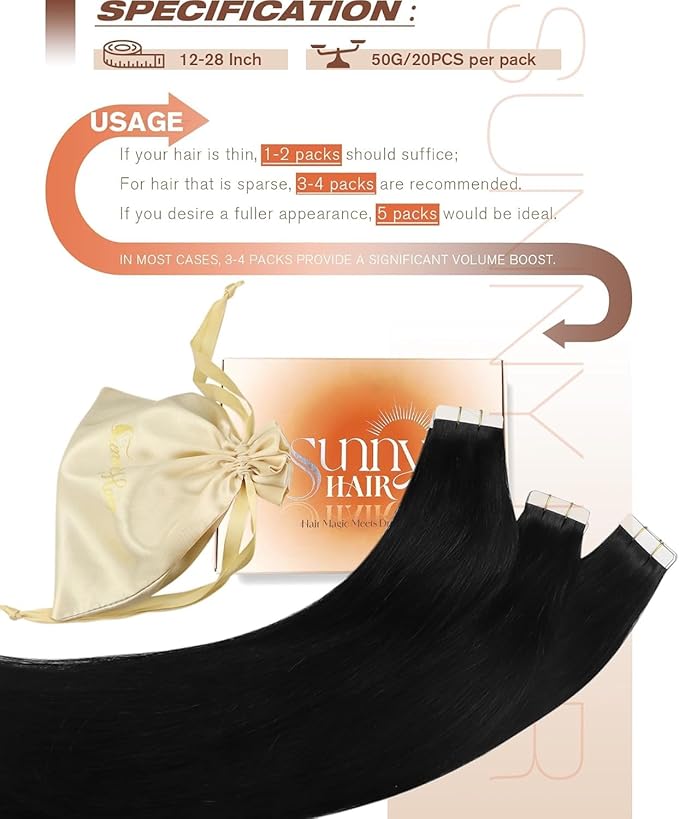Sunny Hair Tape in Hair Extensions Human Hair 18inch Hair Extensions Real Human Hair Tape in Extensions for Women Jet Black Invisible Remy Hair Natural Straight Skin Weft Double Sided Tapes 20Pcs 50g