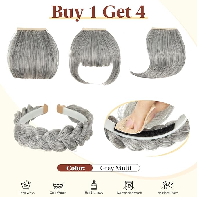 SARLA Braided Headband with 3 Detachable Clip in Bangs Fringe Hairpieces Fake Synthetic Hair Band Bangs for Women Grey Multi