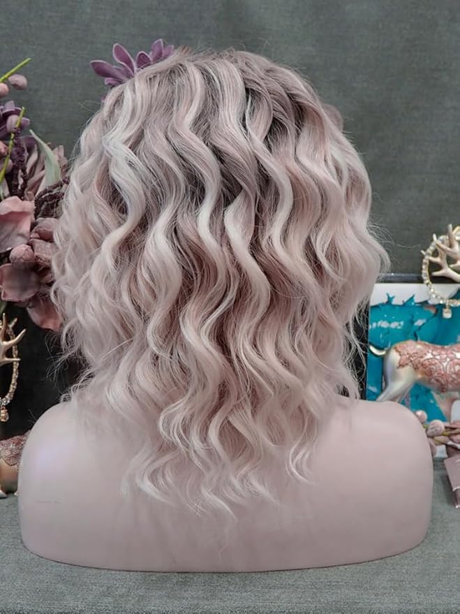 IMSTYLE White Pink Brown Ombre Blonde Lace Front Wigs Short Bob Wavy Wigs Synthetic Hair Wig Free Part with Natural Hairline Shoulder Length for Women (White Brown Ombre Blonde)