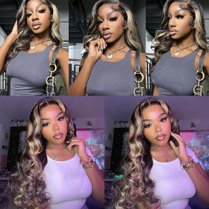 30 32 34 Inch Highlight Bundles Human Hair Ombre Blonde Body Wave Bundles Niegmeag Virgin Remy Hair Extensions 2 Tone Black and Honey Blonde Bundle
