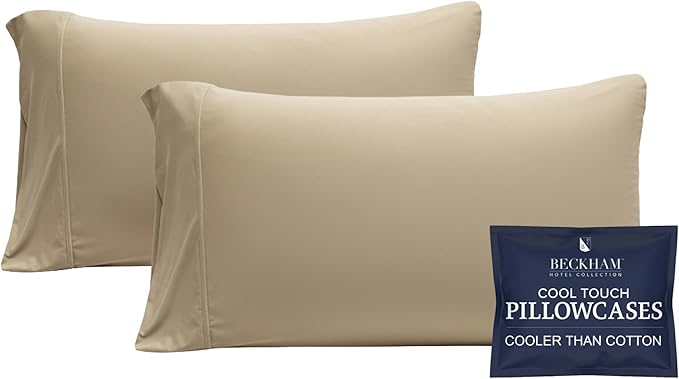 Beckham Hotel Collection Cooling Pillowcases for Hot Sleepers, Standard/Queen Size Set of 2, Cool Bedding, Envelope Closure, Silky Soft, Breathable, Moisture-Wicking, Sand