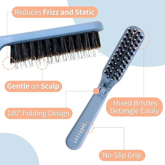 Uffy MiniPop Travel Hair Brush – Mini Folding Boar Bristles for Women, Men & Kids | Kid-Friendly Portable Purse Brush for Wet & Dry Hair, Curly or Straight | Pocket-Size Detangler – Mint Green