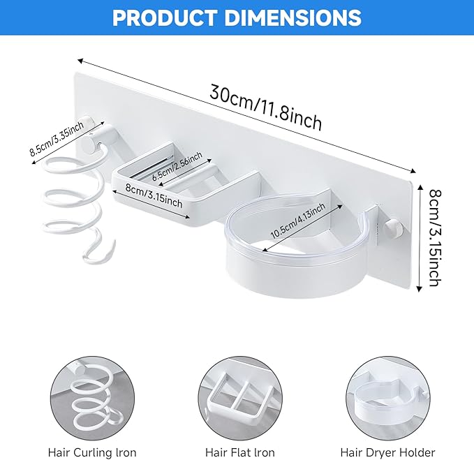 Hair Dryer Holder Wall Mounted,Blow Dryer, Curling Iron, Straightener Holder 3 in 1 Bathroom Metal Hair Tool Organizer Rack-Matte White-1