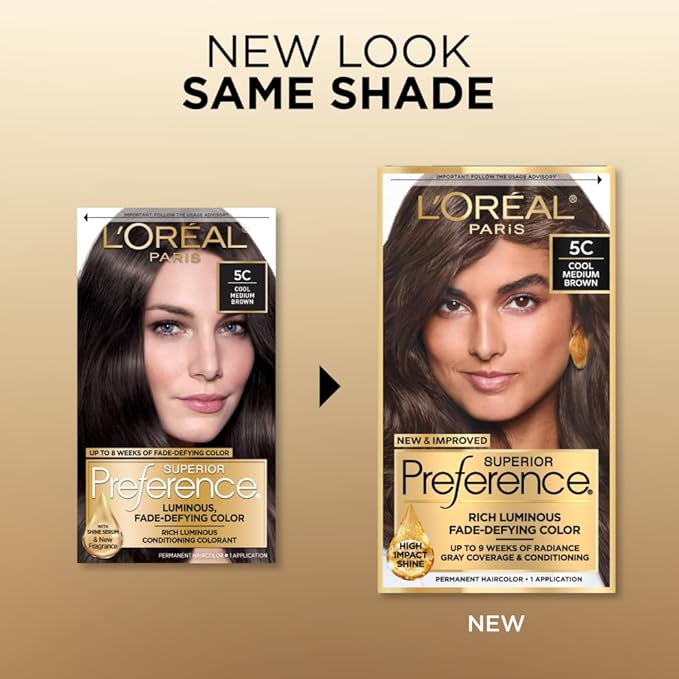 L'Oreal Paris Superior Preference Luminous Fade-Defying Permanent Hair Color, Hair Dye For Up to 9 Weeks of Radiance, Cool Medium Brown 5C, 1 Hair Dye Kit