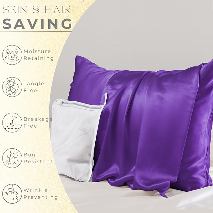 PROMEED Upgraded Grade 6A+ Purple Silk Pillowcase with Zipper, 23 Momme Natural Mulberry Silk Pillow Cases for Hair and Skin - Easy Care with Laundry Bag (Queen 20"x30", Purple)