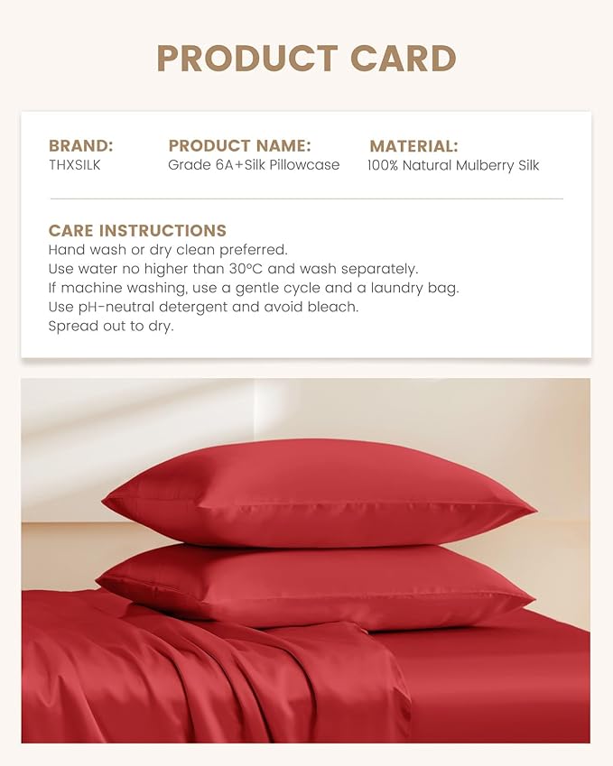 THXSILK 100% Pure Mulberry Silk Pillowcase for Hair and Skin, Grade 6A+ Mulberry Silk, Durable, Soft and Breathable Silk Pillow Case with Zipper(King Size 20"x36", Red)