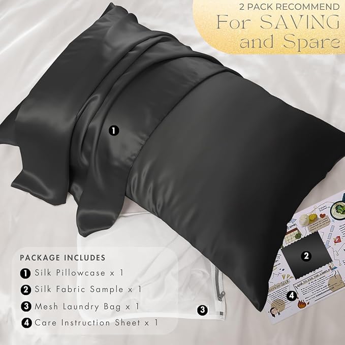 PROMEED Upgraded Grade 6A+ Black Silk Pillowcase with Zipper, 23 Momme Natural Mulberry Silk Pillow Cases for Hair and Skin - Easy Care with Free Laundry Bag (Queen 20"x30", Black)