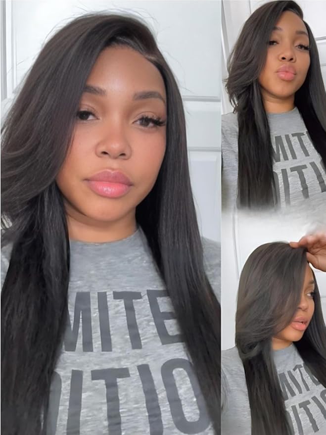 Yiroo Light Yaki Straight Wig Human Hair with Side Swept Bangs,7x5 Lace Front Bye Bye Knots Glueless Wig Human Hair Pre Plucked Pre Cut,Elastic Drawstring Wear and Go Wig for Women 150% Density 18Inch