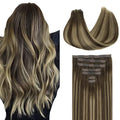 GOO GOO Clip in Hair Extensions Real Human Hair, Remy Human Hair Extensions Clip ins for Women, Natural Human Hair, 22inch 110g 7Pcs, 4/26/4 Balayage Chocolate Brown to Honey Blonde