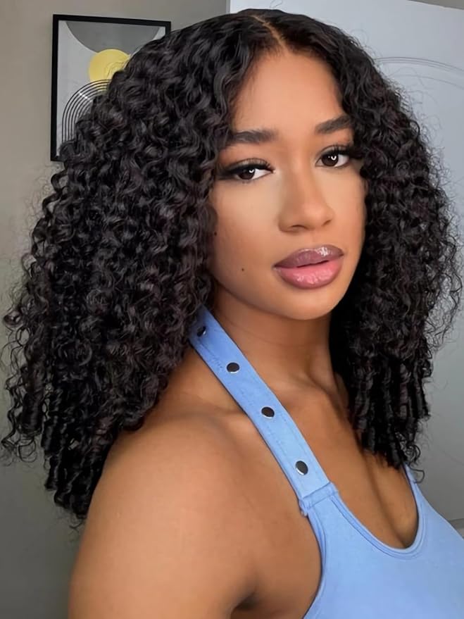 Julia Hair 7x5 Lace Water Curly Texture Wig With Finger Coil Ends Glueless Wigs Human Hair Put On and Go Invisible Lace Pre Plucked Pre Cut Bleached Knots Natural Hairline 20 Inch