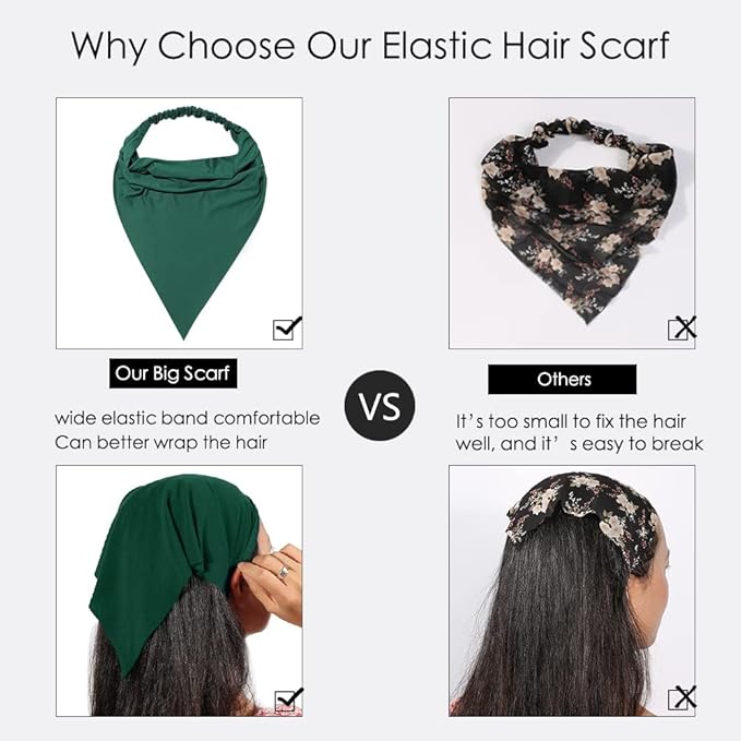 6 Pack Hair Scarf Headband for Women Elastic Bandana Head Scarf Large Boho Triangle Kerchief with Clips Non Slip Scarves
