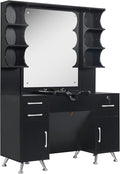 BarberPub Backwash Shampoo Bowl Cabinet, Wall Mount Station with Mirror, Storage Cabinet with Drawers & Shelf Salon Equipment 3141 (Black)