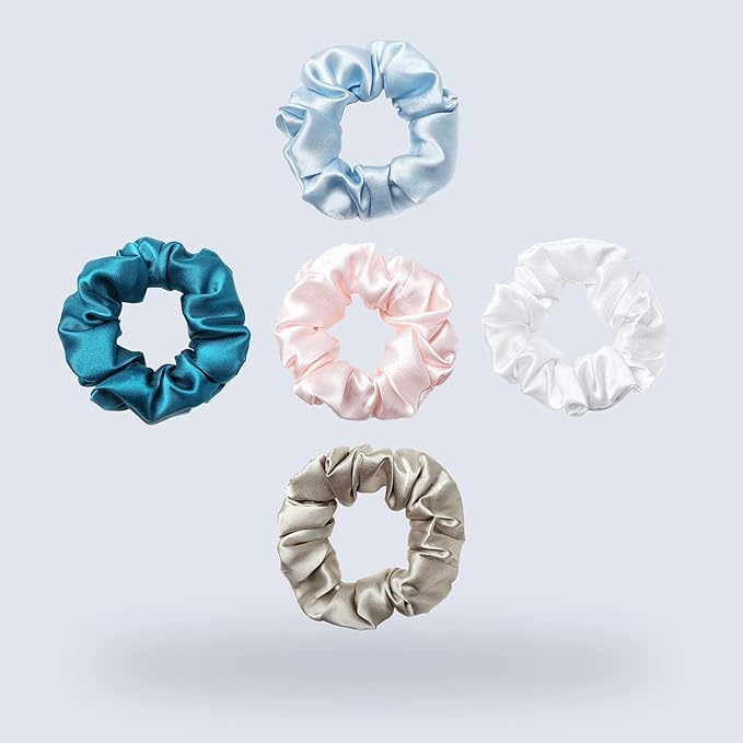 ZIMASILK 100% Mulberry Silk Hair Scrunchies – 19 Momme Elastic Silk Hair Ties for Women & Girls, Gentle No-Tug (5 Pack, Light Blue, Pink, White, Taupe, Peacock Blue)