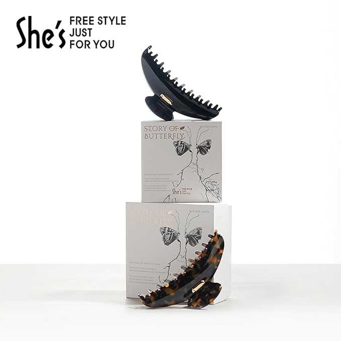 Acetate Hair Clip for Women, SHE'S FREE STYLE JUST FOR YOU [2024 New] Premium Tortoise Shell Hair Claw Clips, Butterfly Hair Accessory (Black-3.4")