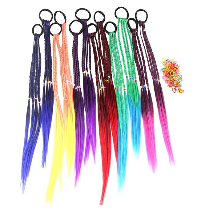Colored Braids Hair Extensions with Rubber Bands Rainbow Braided Synthetic Hairpieces Ponytail Hair Accessories for Women Kids Girls Party Highlights Cosplay Dress Up (12PCS B Style)