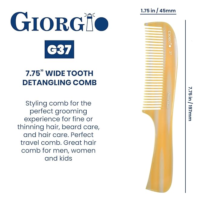 Giorgio G37 Large Coarse Hair Detangling Comb, Wide Teeth for Long Thick Curly Wavy Hair. Wet and Dry Use. Handmade Rake Comb, Saw-Cut from Cellulose, Hand Polished Imitation Horn