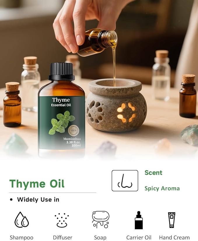 Pure Thyme Essential Oil for Outdoor Shield, Patio & Garden Protection, Natural Barrier Spray for Unwanted Distractions, Reed Diffuser, Aromatherapy, Hair, Skin,Massage, Soap,Candle Making 3.38 Fl Oz