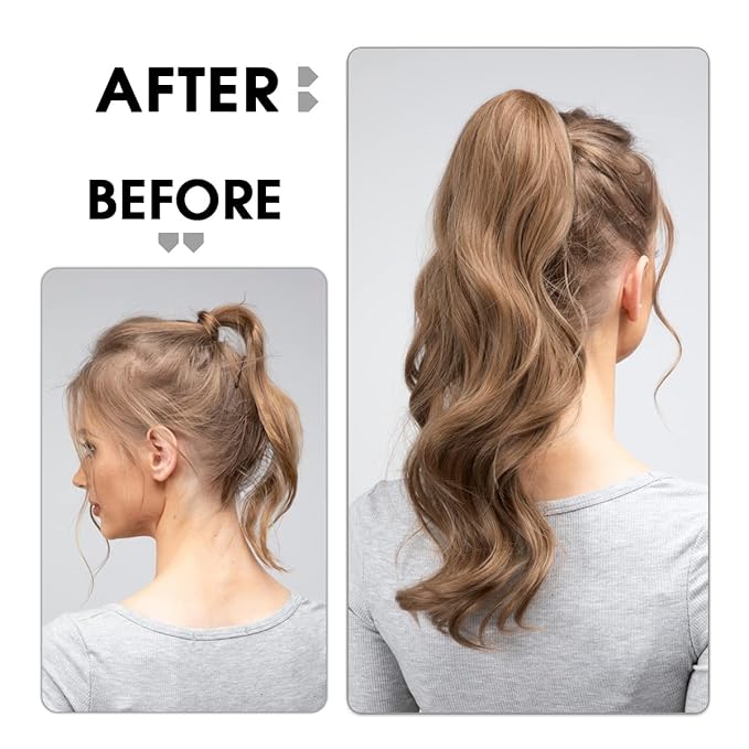 CJL HAIR 18" Long Ponytail Hair Extension Wrap Around Pony Tail Clip in Curly Wavy Synthetic Fake Hairpiece for Women Black Brown