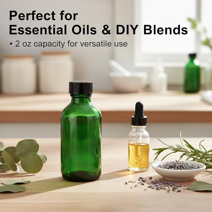 DIDITIME 2 oz Shot Bottles with Caps & Stainless Steel Funnels, Juicing Bottle Reusable Glass, 60ml Small Jars with Lids for Potion, Ginger Shots, Oils, Juice (olive green, 12-pack)