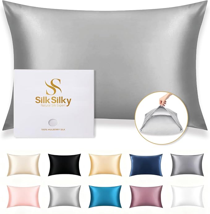 SilkSilky 100% Mulberry Silk Pillowcase - Pure 22 Momme High-Grade 6A Fibers for Hair & Skin, Envelope Closure, Natural, Organic, Breathable & Cooling Pillow Case (King, Silver)