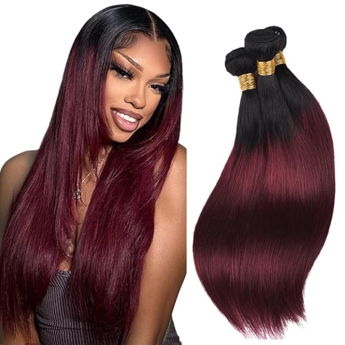 99j Bundles Human Hair Ombre Red Straight Bundle Niegmeag Brazilian Virgin Remy Hair 3 Bundles 12 14 16 Inch Double Weft 2 Tone Black and Burgundy Straight Bundle Hair Weave