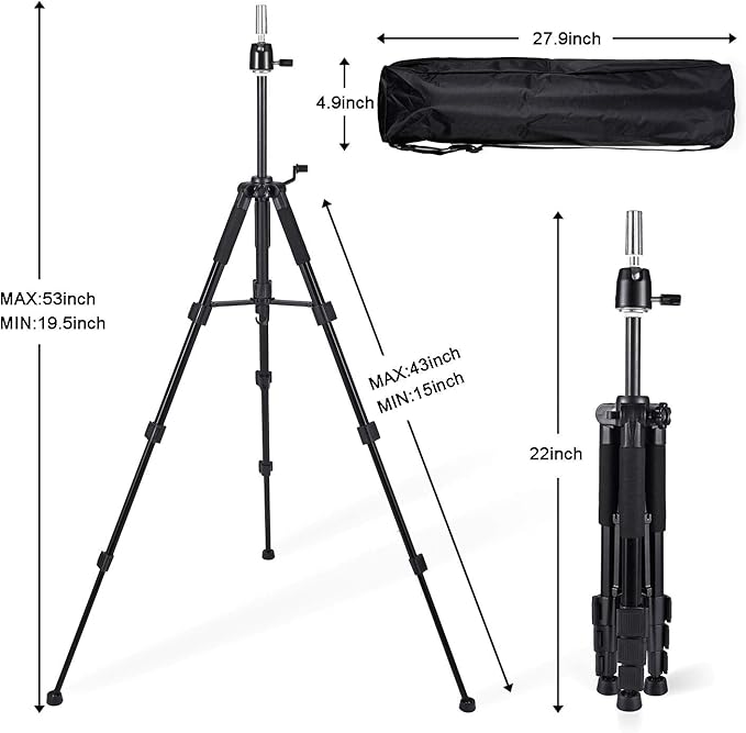 Wig Stand Tripod with Non-Slip Base Adjustable Mannequin Head Stand with Hook Heavy Duty Manikin Head Tripod