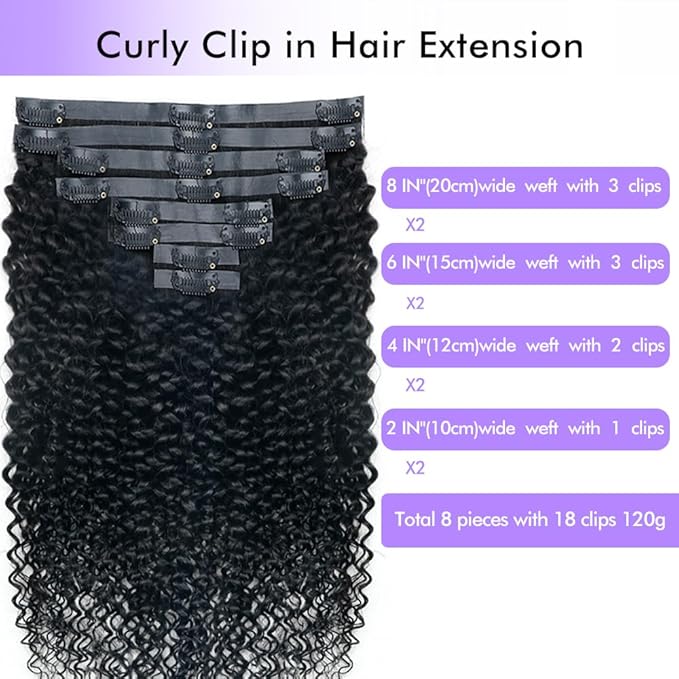Seamless 3C 4A Kinky Curly Clip In Extension PU Weft Curly Clip in Extension Human Hair Clip Ins Full Head for Black Women Brazilian Remy Human Hair Natural Color 8Pcs with18clips 120g/Set (26 inch)