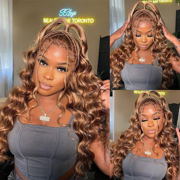 Honey Blonde Ombre 13x6 Lace Front Wig Human Hair 210 Density Highlight Body Wave Lace Front Wigs Human Hair Pre Plucked Glueless Lace Frontal Wig for Women 4/27 Colored 20Inch
