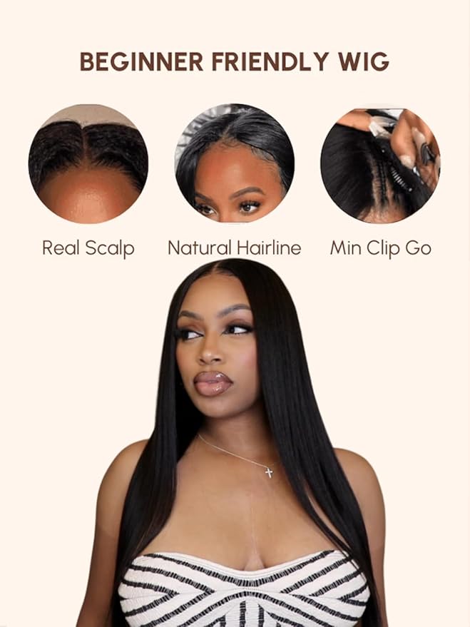 YIROO V Part Wig Yaki Straight Human Hair Wigs for Black Women Upgrade Upart Wig No Leave Out 12A Glueless Kinky Straight V Shape Clip in Half Wig No Glue No Sew Beginner Friendly 180% Density 22 Inch