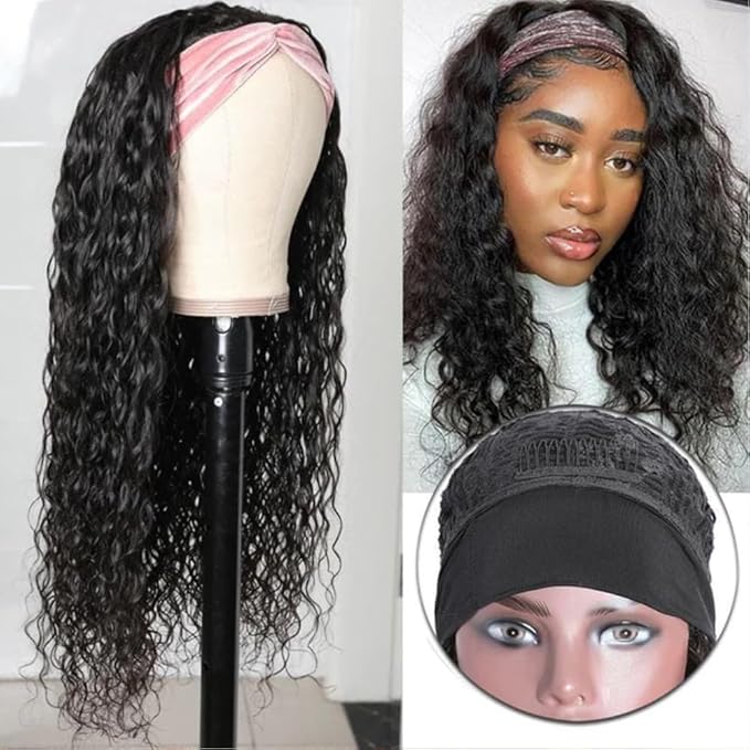KLAIYI Headband Human Hair Wig Water Wave Curly Non Lace Front Wigs for Black Women Deep Wave Glueless Wear and Go Half Wig 30S Ready to Go Wig with Band Beginner Friendly 180% Natural Hairline 24Inch