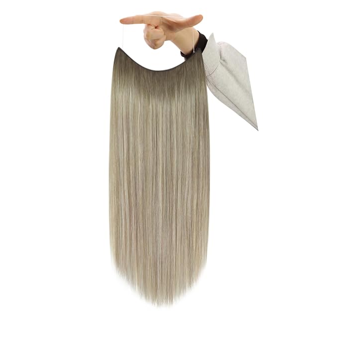 YoungSee Wire Hair Extensions Real Human Hair Ash Blonde Wire Human Hair Extensions Balayage Ash Mix Platinum Blonde One Piece Hair Extension with Extra Clips for Women 16inch 80g