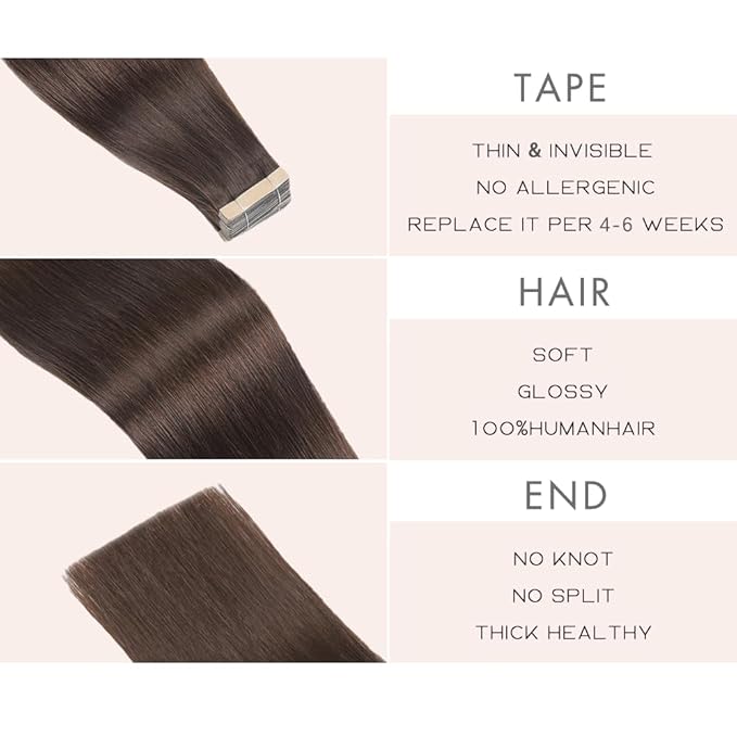 Tape in Hair Extensions Human Hair Darkest Brown Remy Hair Extensions 20pcs 14 Inch Straight Invisible Tape Extensions