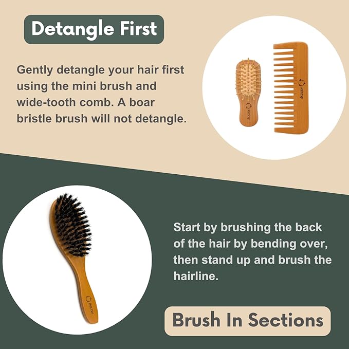 Boar Bristle Hair Brush Set For Women-100% Natural Boar Bristle Brush+Small Travel HairBrush+Bamboo Wide Tooth Comb For Fine And Thin Hair Smoothing Massaging Detangling. Restore Shine And Texture.