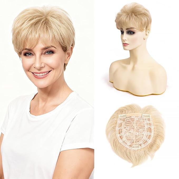 Short Hair Topper for Thinning Hair 4 Inch Short Pixie Cut Toppers Pieces Natural Curly Synthetic Black Wiglets Hairpieces (Golden Blonde, 4 inch)
