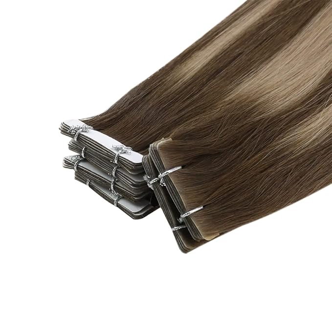 Full Shine Virgin Tape in Hair Extensions 5Pcs 14 Inch Injection Tape in Extensions Human Hair Color 4 Medium Brown Fading to 27 Honey Blonde And Brown Seamless Tapes in Human Hair for Women 10 Gram